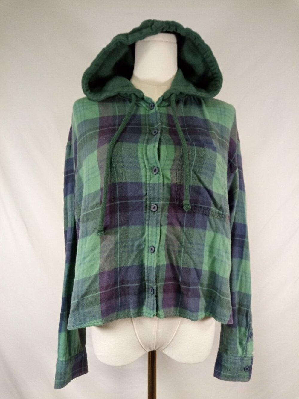 American Eagle Women's Purple & Green Plaid Hooded Button Down Shirt Sz. M
